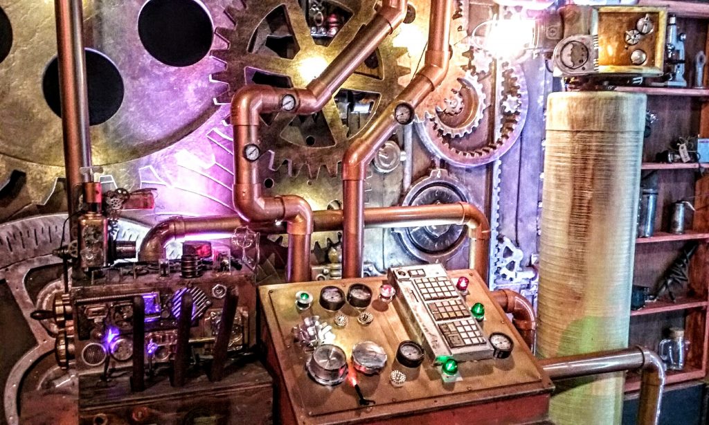 steampunk set design for magic show by Spokane artist Chris Russell